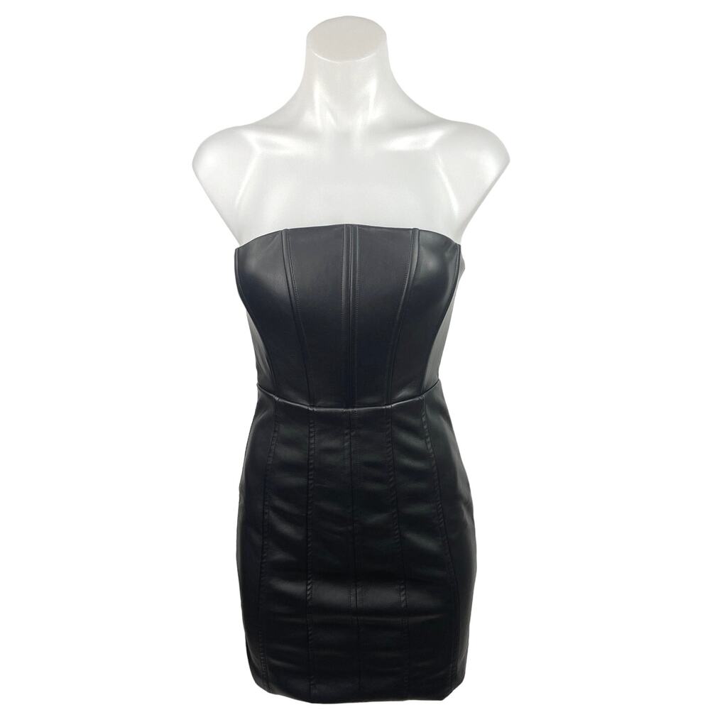 NEW Fashion Nova Black Faux Leather Strapless Mini Tube Corset Party Dress Sz XS